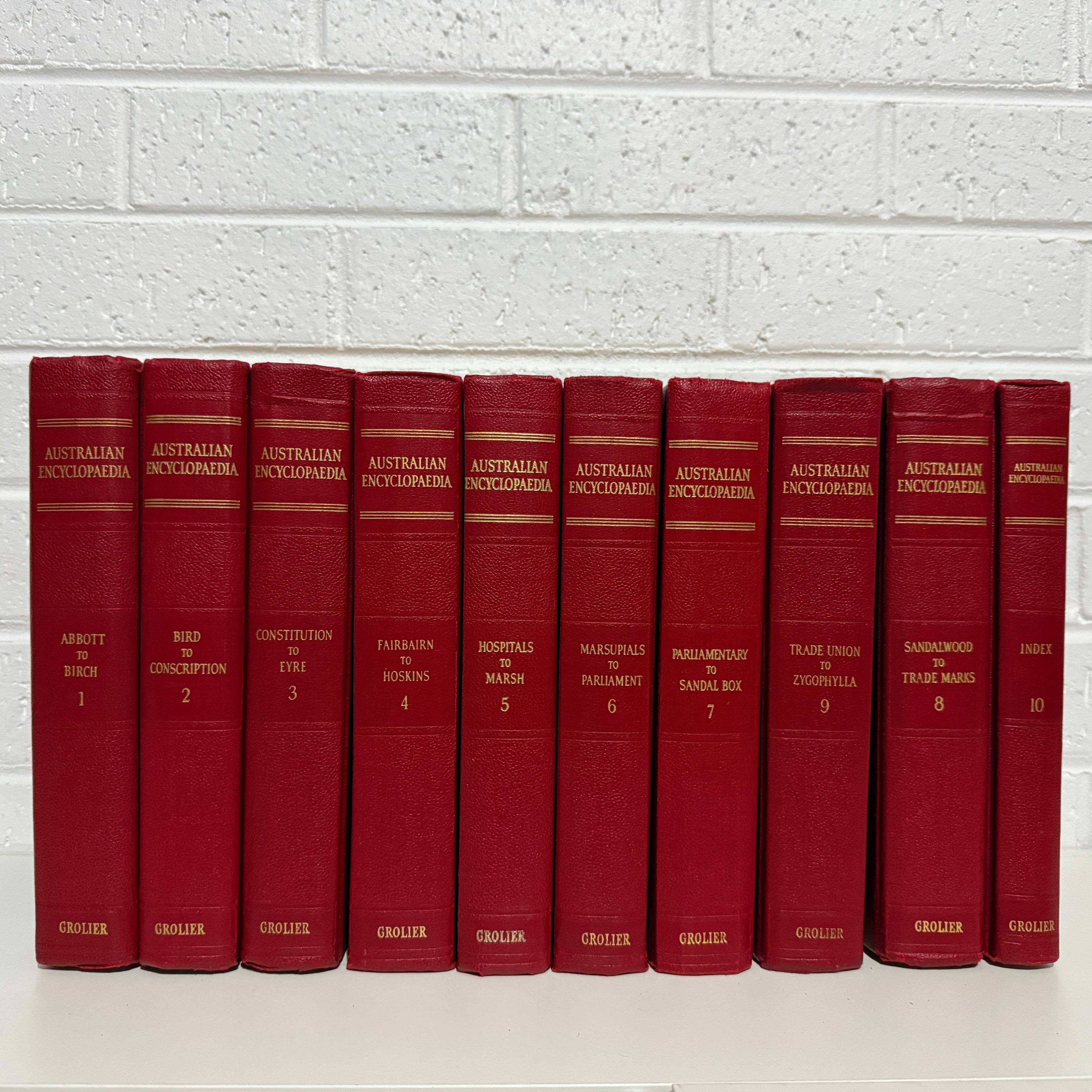 1963 The Grolier Society Australian Encyclopedia, 10 x Book Set, Red Edition VG